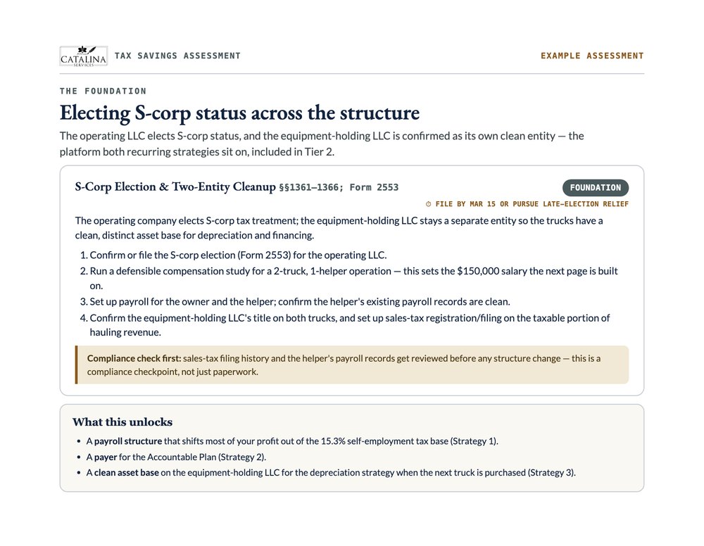 A strategy page from an example Assessment, with the statute citation, the filing deadline and the implementation steps